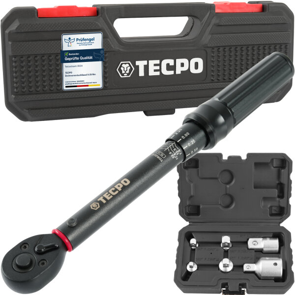 TECPO Drehmomentschlüssel, 1/4 Antrieb, 5 - 25 Nm + 6x Adapter