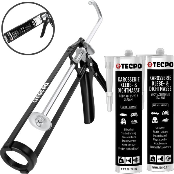 2x TECPO KKD 801 Karosserie Klebe- und Dichtmasse, 370g + Skelett-Kartuschenpresse
