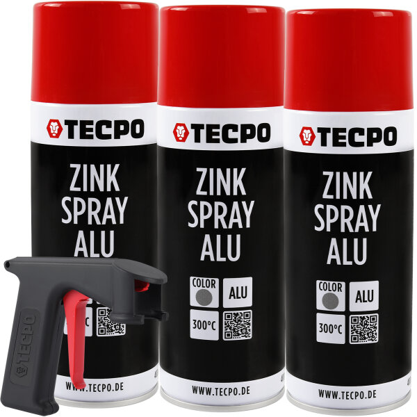 3x TECPO Zink Spray ALU Hell 400 ml bis 300°C Grundierung Rostschutz Korrosionsschutz + Sprühpistole