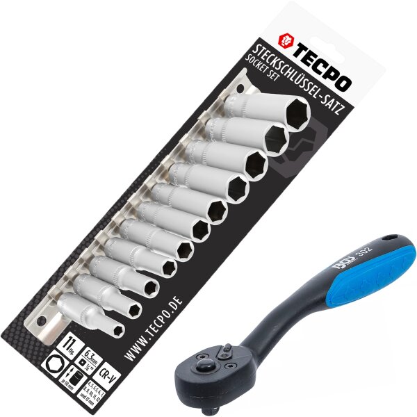 TECPO Steckschlüssel Satz, tief, 1/4 Zoll, 4-13 mm, 11-tlg. + BGS Umschaltknarre, kunststoff-ummantelt | Abtrieb Außenvierkant 6,3 mm (1/4")