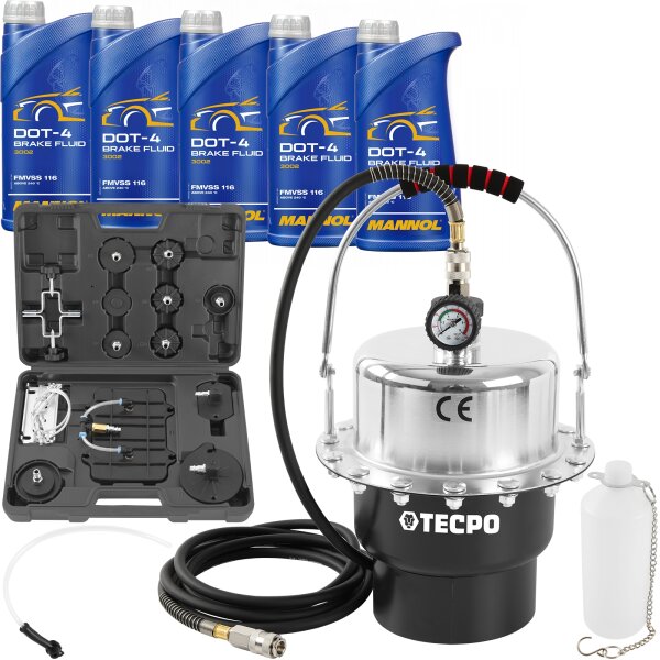 TECPO Druckluft Bremsenentlüftungsgerät + MANNOL Bremsflüssigkeit DOT4, 5L