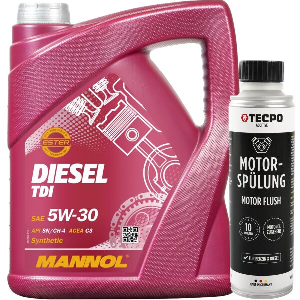 MANNOL Diesel TDI 5W-30 Motoröl, 5L + Motorspülung Motor Flush Motorreiniger 300 ml