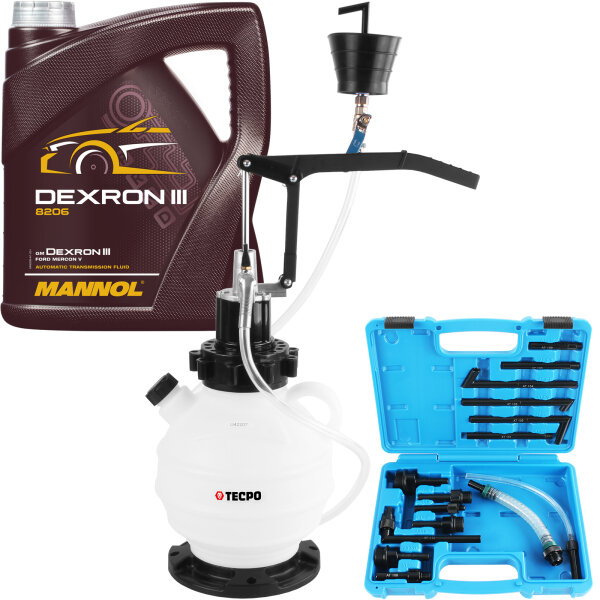 TECPO Getriebeöl-Einfüllgerät, Öleinfüllgerät 7.5 L, 15 Adapter + MANNOL  ATF Servoöl, Dexron III, 4 Liter