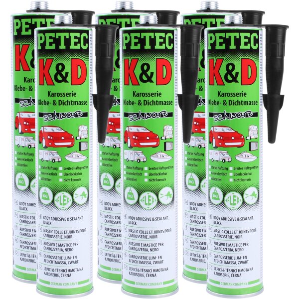 6x PETEC K&D Karosserie Klebe- und Dichtmasse schwarz, 310 ml