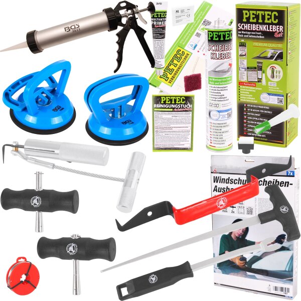 PETEC Scheibenkleber-Set + Windschutzscheiben Ausbauset + Kartuschenpresse + 2x Gummisauger Ø 115 mm