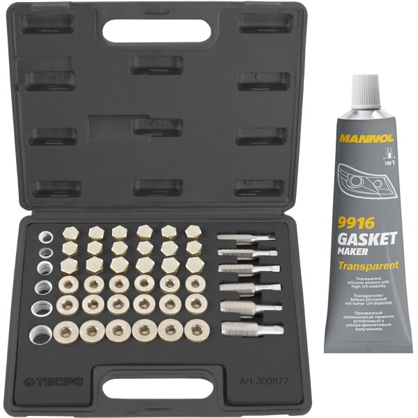 TECPO Reparatursatz für Öl-Ablass-Gewinde, 114-teilig + MANNOL 9916 Gasket Maker Dichtungsersatz, 85g