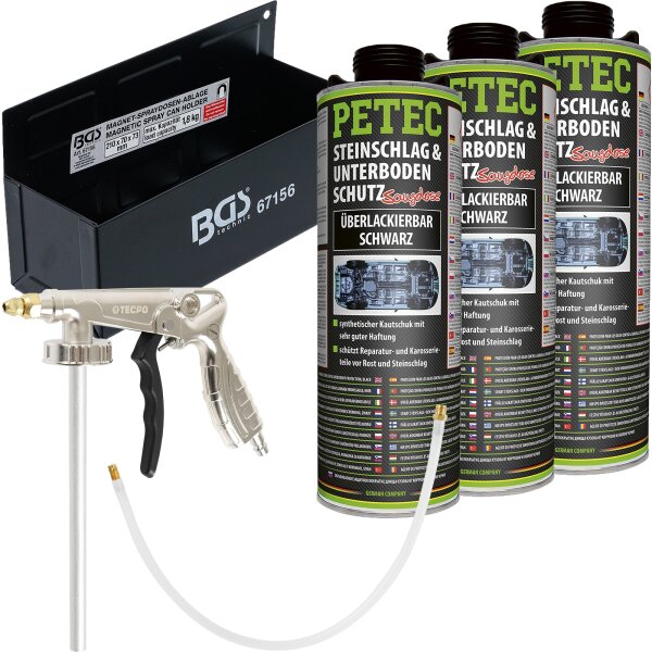 PETEC Steinschlag- & Unterbodenschutz schwarz, 3L + TECPO Druckluft-Unterbodenschutz-Pistole + BGS Magnet-Halter