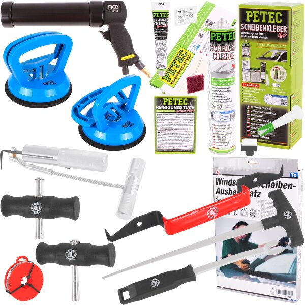 PETEC Scheibenkleber-Set + Windschutzscheiben Ausbauset + Druckluft-Kartuschenpresse + 2x Gummisauger Ø 115 mm
