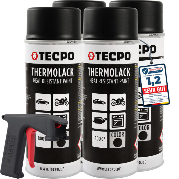 4x TECPO Thermolack Auspufflack Ofenlack 800°C schwarz 400 ml + Pistolengriff