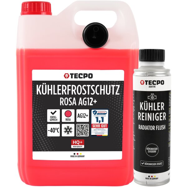 TECPO Kühlerfrostschutz G12+ -40°C, 5L + Kühlerreiniger Kühlsystem Additiv, 300 ml