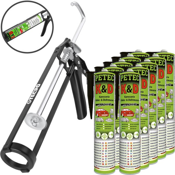 10x PETEC K&D Karosserie Klebe- und Dichtmasse 310 ml schwarz + Skelett-Kartuschenpresse
