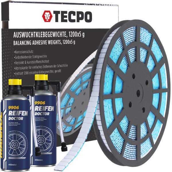 TECPO Auswucht Klebegewichte 1200x5g in Rolle + 2x MANNOL Reifen-Doctor, 450 ml