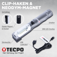 TECPO LED Inspektionsleuchte 500 Lumen mit USB Ladekabel, magnetisch