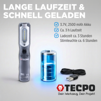 TECPO LED Inspektionsleuchte 500 Lumen mit USB Ladekabel, magnetisch