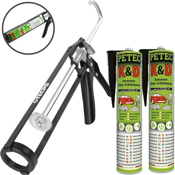 2x PETEC K&D Karosserie Klebe- und Dichtmasse 310 ml schwarz + Skelett-Kartuschenpresse