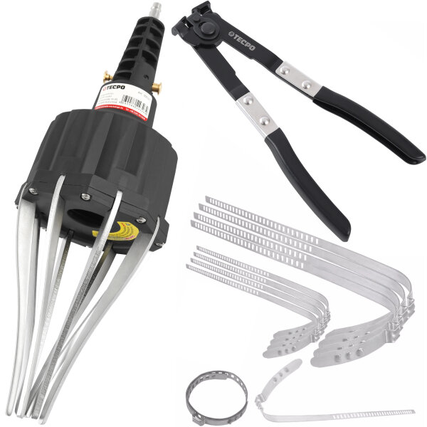 TECPO Druckluft-Montagewerkzeug + Klemmazange + 8x Achsmanschetten Schellen