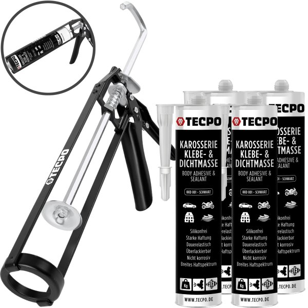 4x TECPO KKD 801 Karosserie Klebe- und Dichtmasse, 370g + Presse