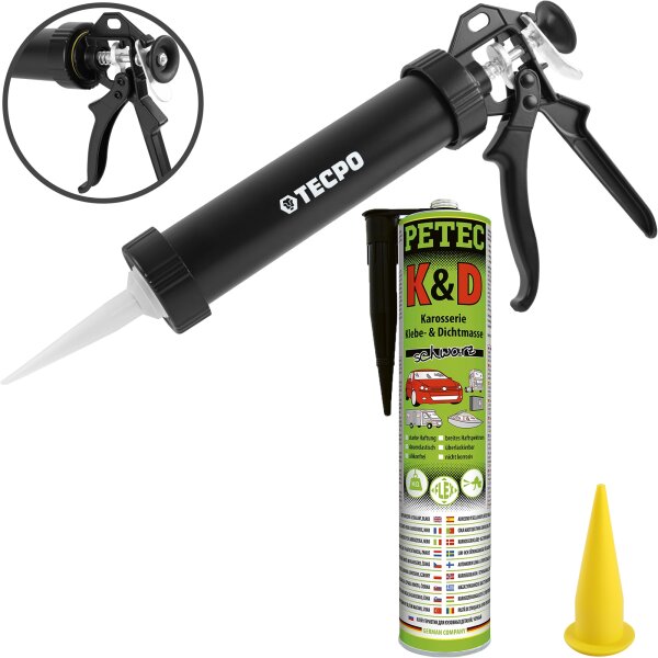 PETEC K&D Karosserie Klebe- und Dichtmasse 310 ml schwarz + Alu-Kartuschenpresse