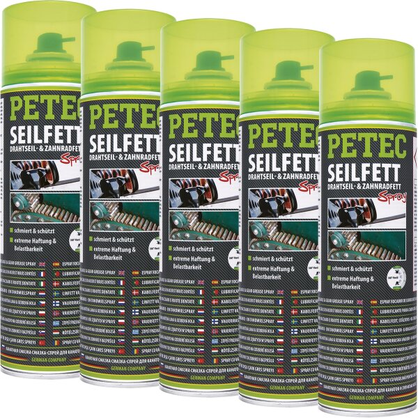 5x PETEC Seilfett, Drahtseil- & Zahnradfett Spray, 500 ml