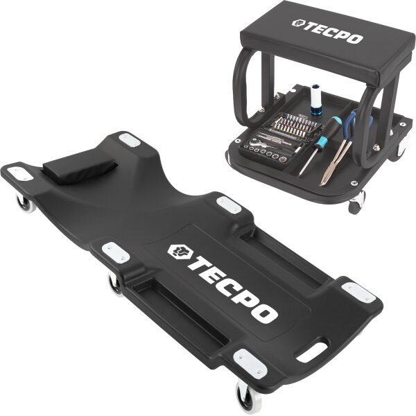 TECPO KFZ Werkstattrollbrett Rollliege 360° drehbar mit 300kg Tragkraft und Kopfstütze + Rollsitz 360° drehbar
