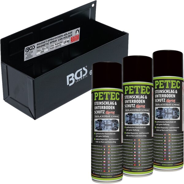 PETEC Steinschlag- & Unterbodenschutz, Spray, schwarz, 3x 500 ml + BGS Spraydosen-Ablage