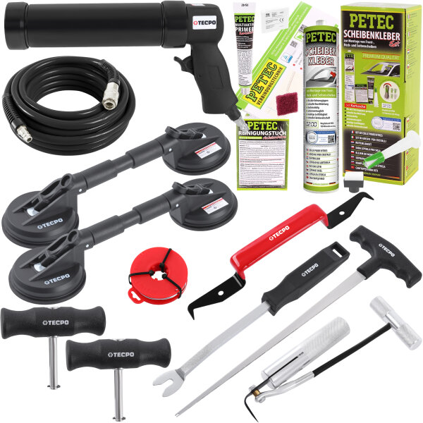 PETEC Scheibenkleber-Set + Ausbau-Werkzeug + Druckluft-Kartuschenpresse + 2x Gummi-Doppelsauger
