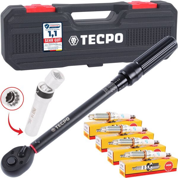 TECPO Drehmomentschlüssel 10-60 Nm + Zündkerzen-Gelenkeinsatz 3/8" + 4x NGK Zündkerzen