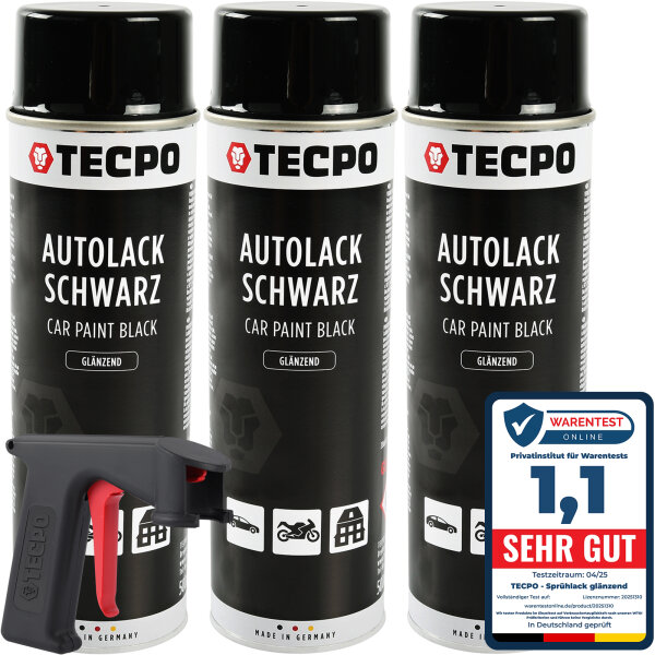 3x TECPO Autolack schwarz glänzend 500 ml + Pistolengriff