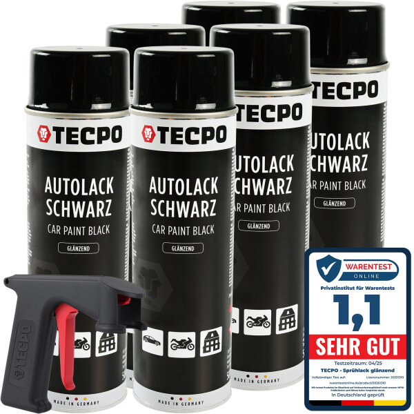6x TECPO Autolack schwarz glänzend 500 ml + Pistolengriff