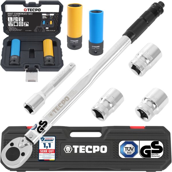 TECPO Drehmomentschlüssel 1/2 Zoll Set 17-19+21 mm Steckschlüssel + Verlängerung + Kraftnüsse