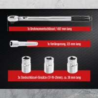 TECPO Drehmomentschlüssel 1/2 Zoll Set 17-19+21 mm Steckschlüssel + Verlängerung + Kraftnüsse