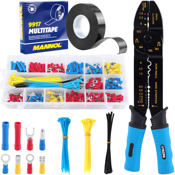 TECPO Crimpzange mit Kabelschuh-Sortiment, 225 mm, 271-teilig + MANNOL Isolierband