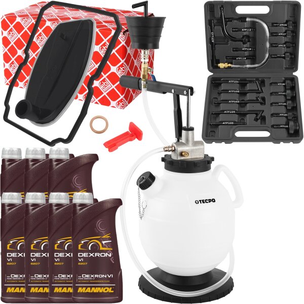 TECPO Getriebeöl-Einfüllgerät + Hydraulikfiltersatz + MANNOL Dexron VI, 7 Liter