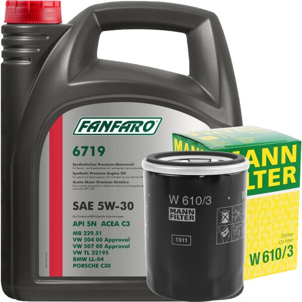 MANN-FILTER Ölfilter + FANFARO 5W-30, 5 Liter