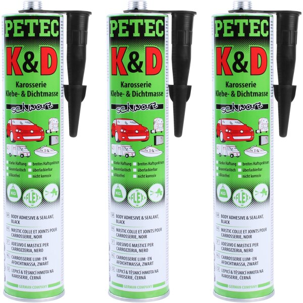 3x PETEC K&D Karosserie Klebe- und Dichtmasse schwarz, 310 ml