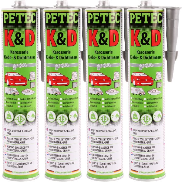 4x PETEC K&D Karosserie Klebe- und Dichtmasse grau, 310 ml