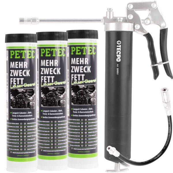 3x PETEC Mehrzweckfett, Kartusche 400g + TECPO Hadfettpresse + Schlauch