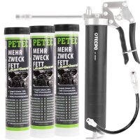 3x PETEC Mehrzweckfett, Kartusche 400g + TECPO Hadfettpresse + Schlauch
