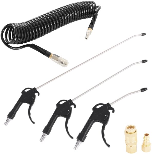 TECPO Ausblaspistolen-Satz, 3-tlg + Druckluft Spiralschlauch 6 m + Adapter