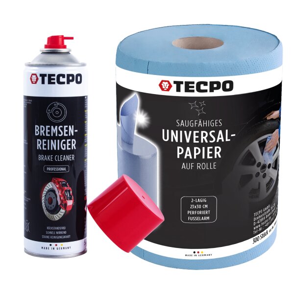 TECPO Bremsenreiniger 500 ml + Putztuchrolle 300 Blatt, 2-lagig