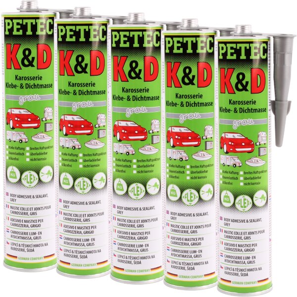 5x PETEC K&D Karosserie Klebe- und Dichtmasse grau, 310 ml