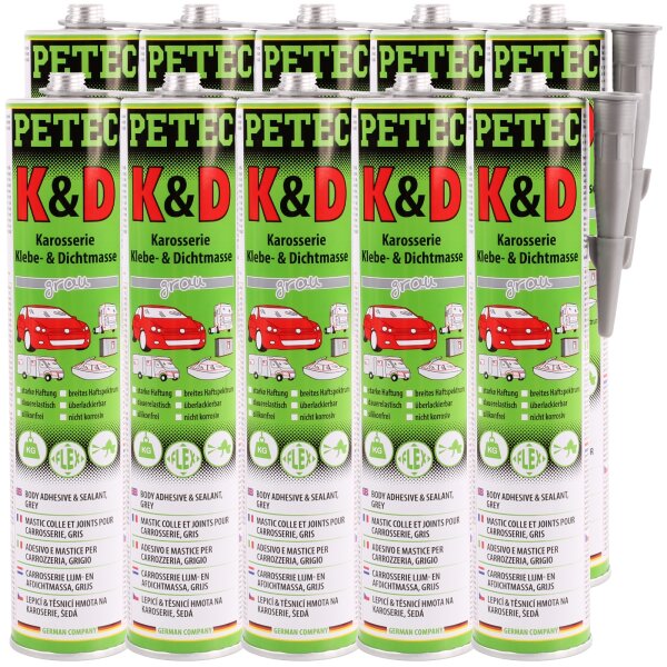 10x PETEC K&D Karosserie Klebe- und Dichtmasse grau, 310 ml
