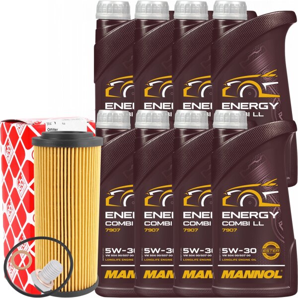FEBI Ölfilter + Schraube + MANNOL Energy Combi LL 5W-30, 8x1 Liter
