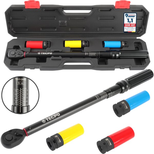 TECPO Drehmomentschlüssel 1/2" 20-200 Nm + Kraft Schoneinsatz Satz 17-19-21 mm Stecknüsse