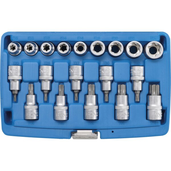 BGS Bit-Einsatz-/Steckschlüssel-Einsatz-Satz | Antrieb Innenvierkant 12,5mm (1/2") | E-Profil / T-Profil (für Torx) | 19-tlg.