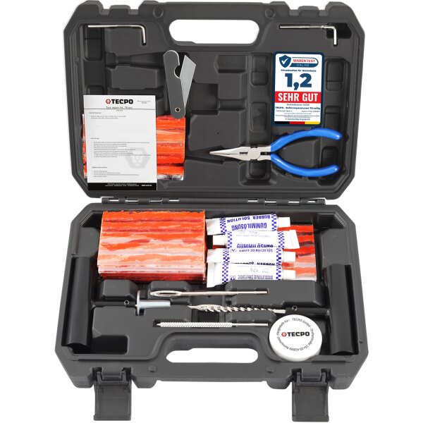TECPO Reifenreparatur Set 78-tlg. Reifenpannen Set Reparaturstreifen Schlauchlos T-Griff Werkzeugkoffer für Pkw Quad Anhänger