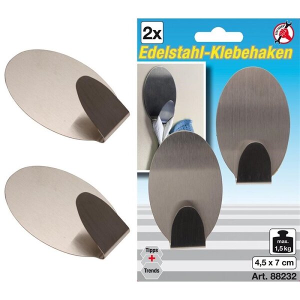 BGS Edelstahl-Klebehaken 2-tlg., 4,5 x 7 cm Traglast max. 1,5 kg