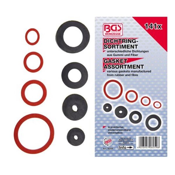 BGS Dichtring-Sortiment: Gummi, Fiber, Klingerith, 141-tlg.